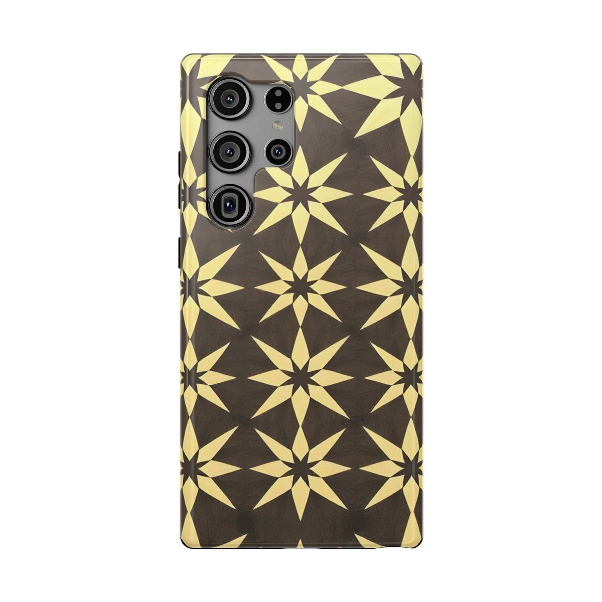 Phone case with geometric star pattern in black and gold; multiple camera openings visible.