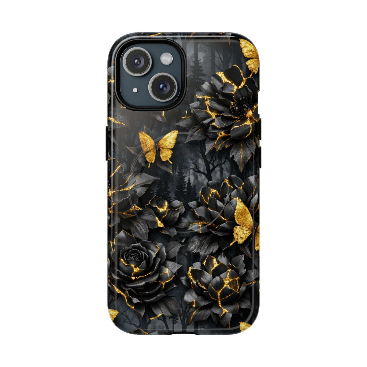 Phone case with black rose bouquet, gold butterfly accents, and golden crack details