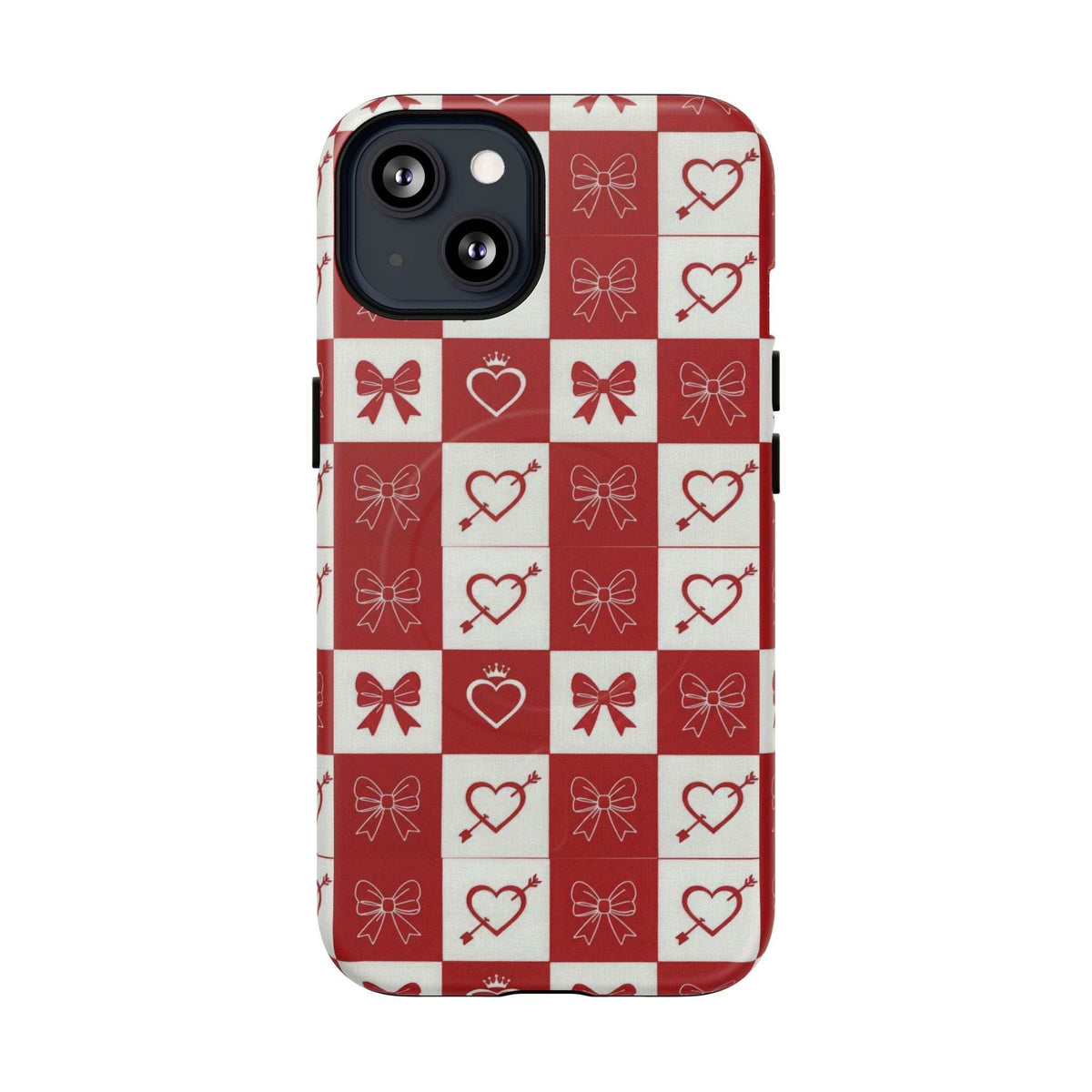 Red and white checkered phone case featuring heart and bow icons, camera cutout