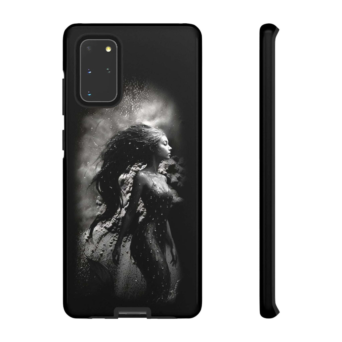 Black phone case with grayscale mermaid portrait, camera cutout, and side buttons visible.