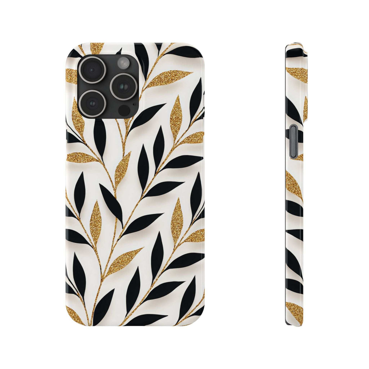 Phone case for iPhone 11–17 with white botanical leaves and gold glitter leaf pattern