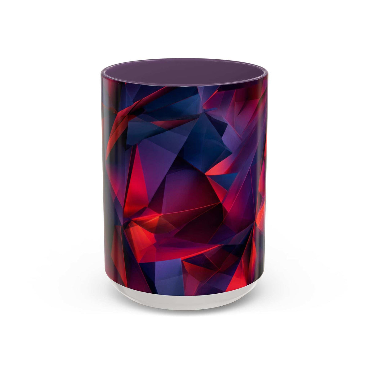 Ceramic mug with geometric red and navy abstract wrap; purple top and white base ring