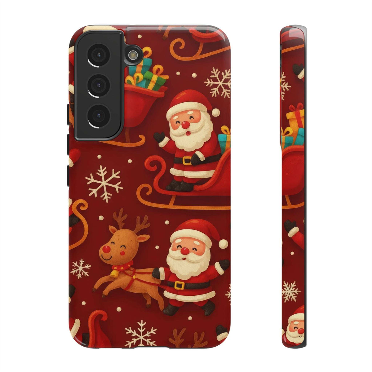 Santa and reindeer sleigh phone case with snowflake pattern, glossy finish, side view
