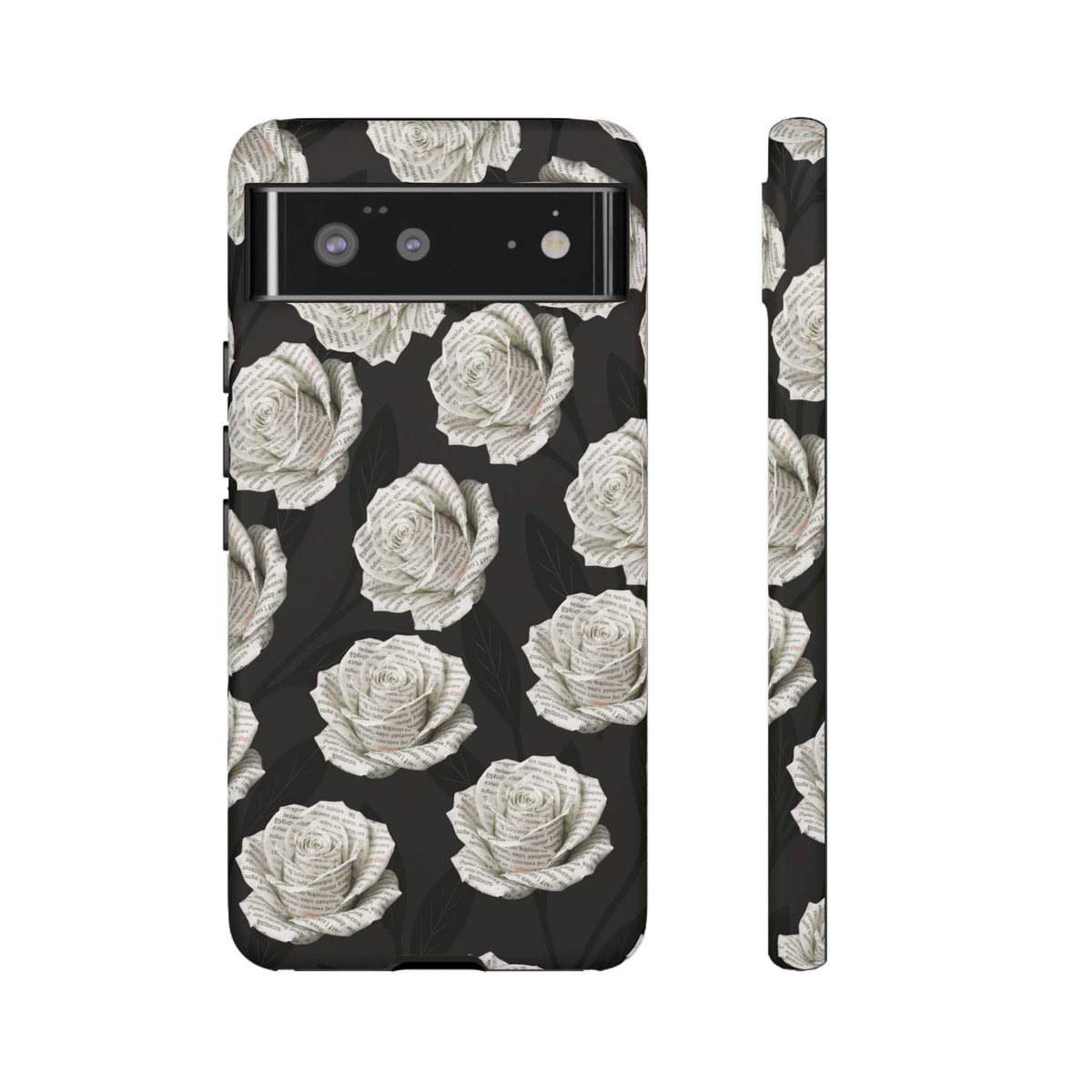Black phone case with white rose floral pattern; cutouts for speaker and camera