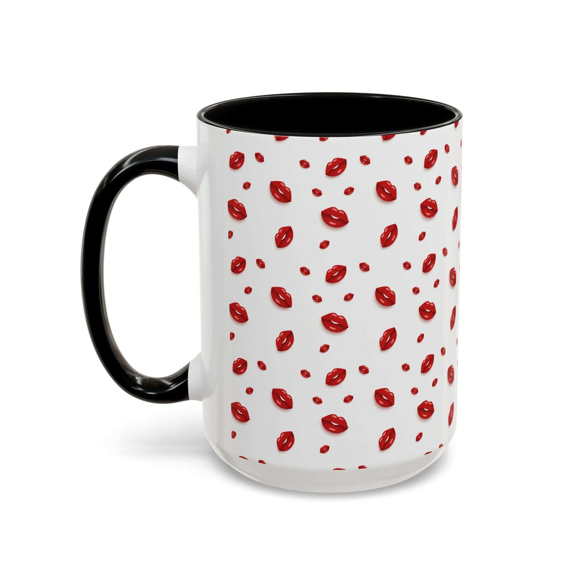 Hot lips accent coffee mug with black handle, white body, and red lips pattern.