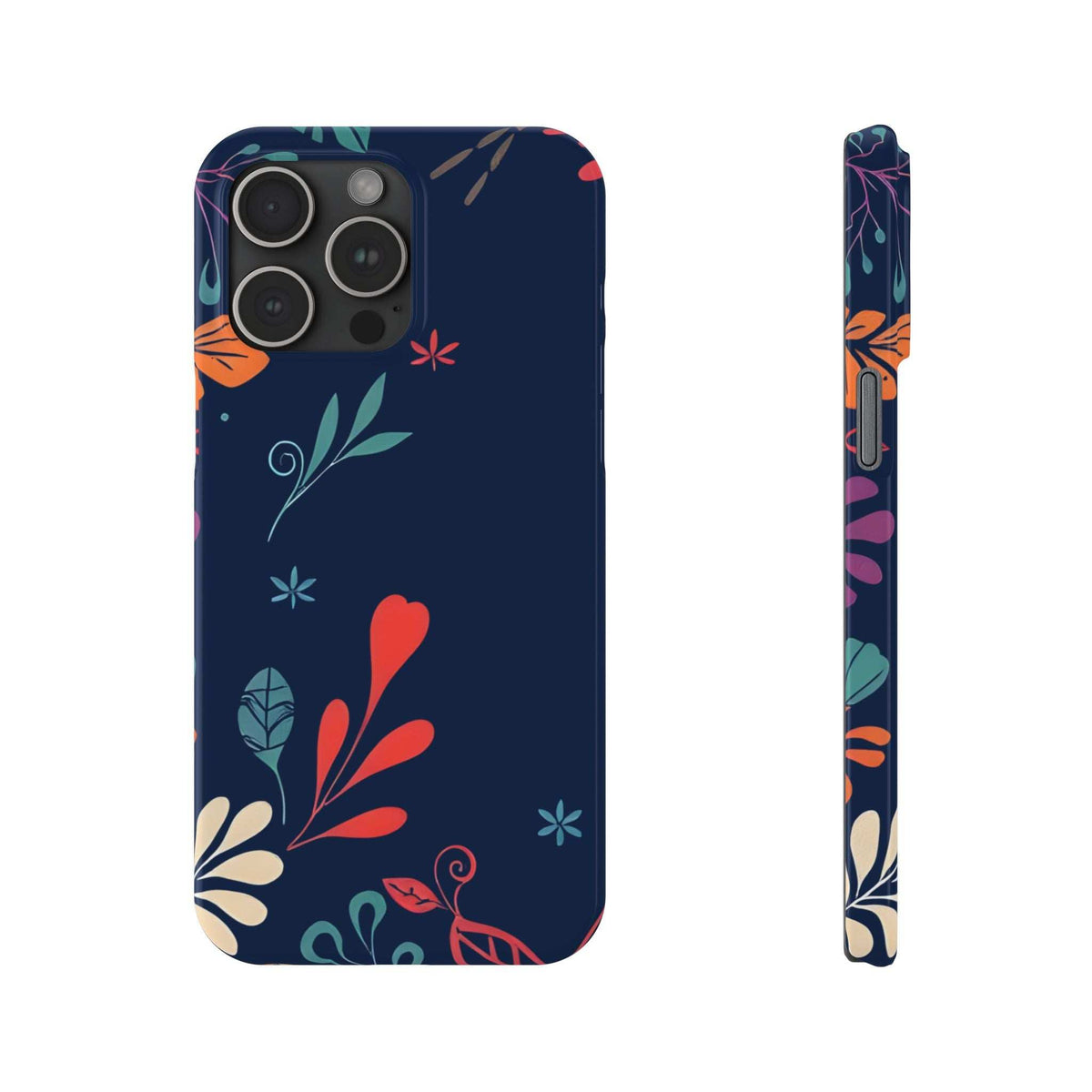 Dark navy floral phone case with red heart-like leaf shapes and bird details