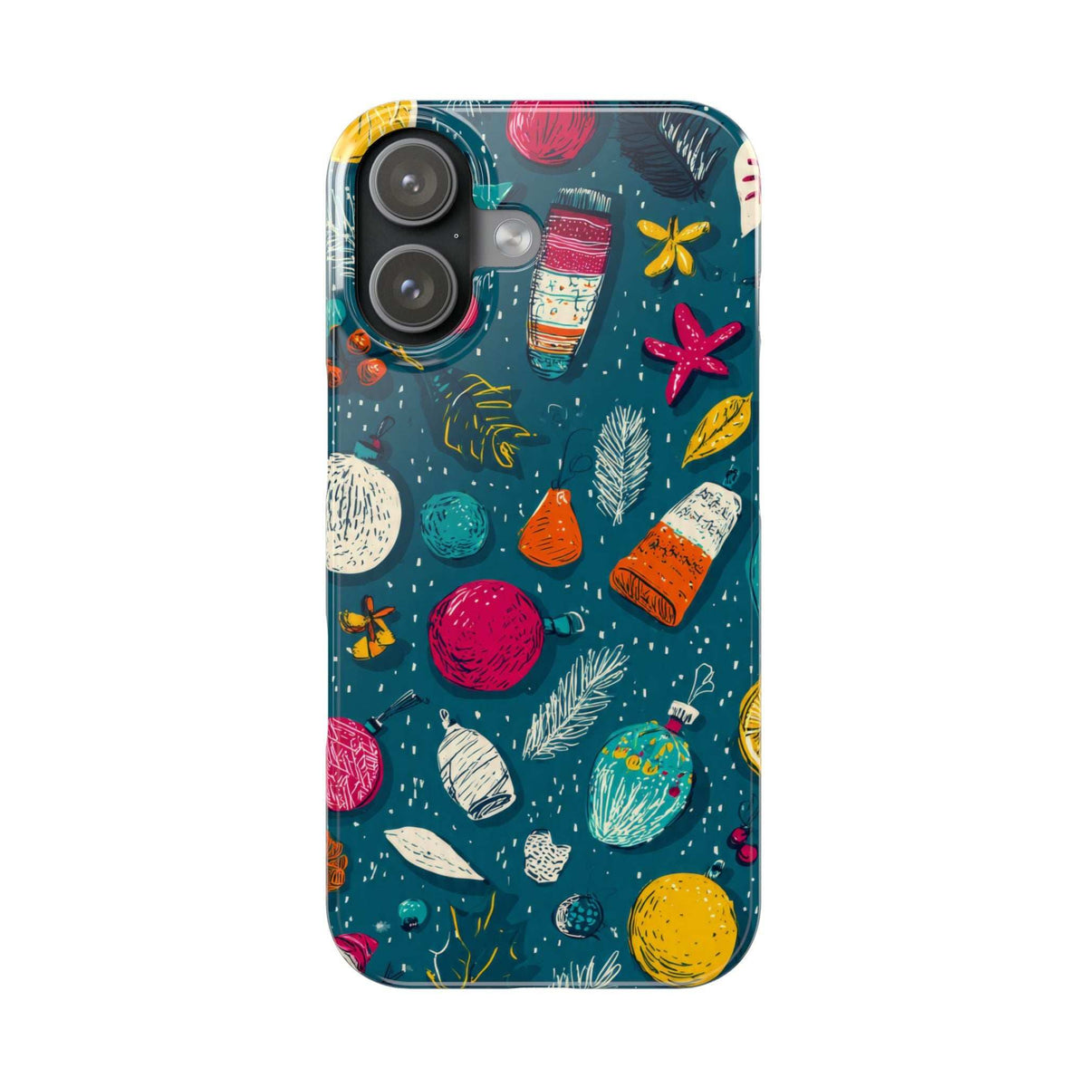 Teal winter phone case with colorful gift boxes, baubles, and starfish accents