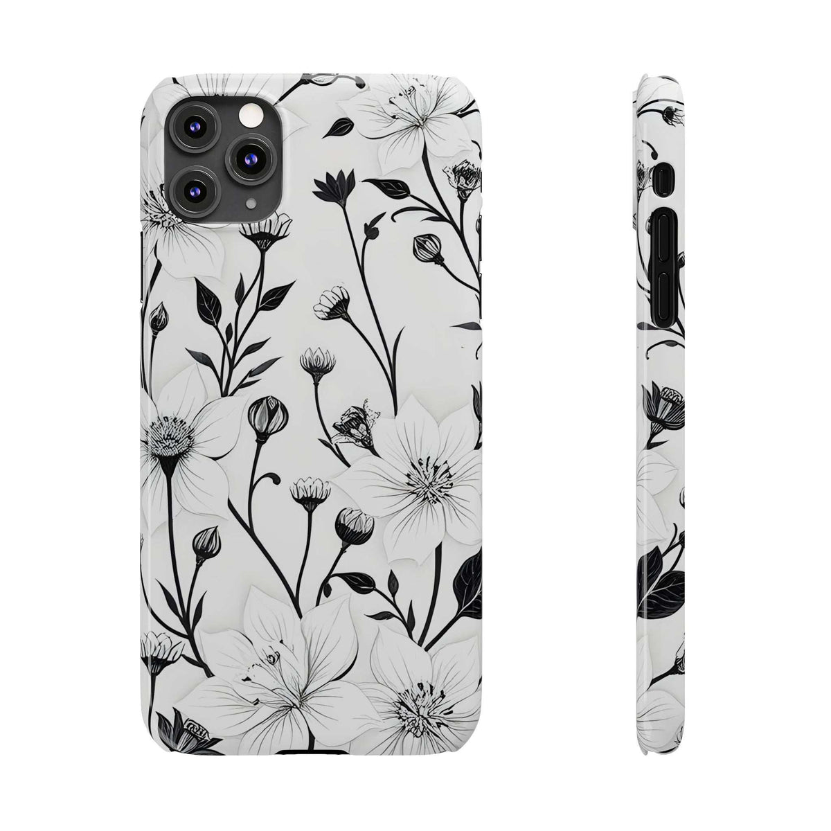 Phone case back with monochrome floral pattern and side profile with camera bump