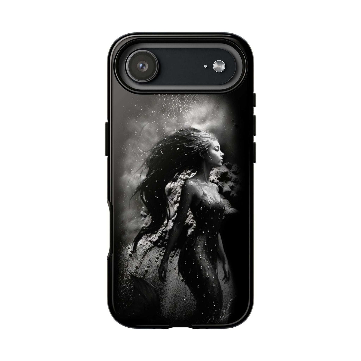 Black phone case back with grayscale mermaid portrait and camera bar cutout.