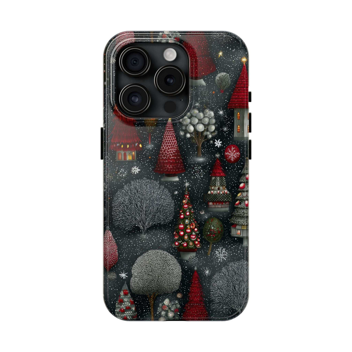 Frosted phone case with dark winter village print, snow pine trees, and red ornaments