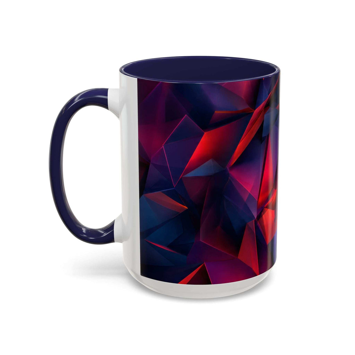 Ceramic mug with dark blue accents, abstract red and blue geometric pattern with white center panel.