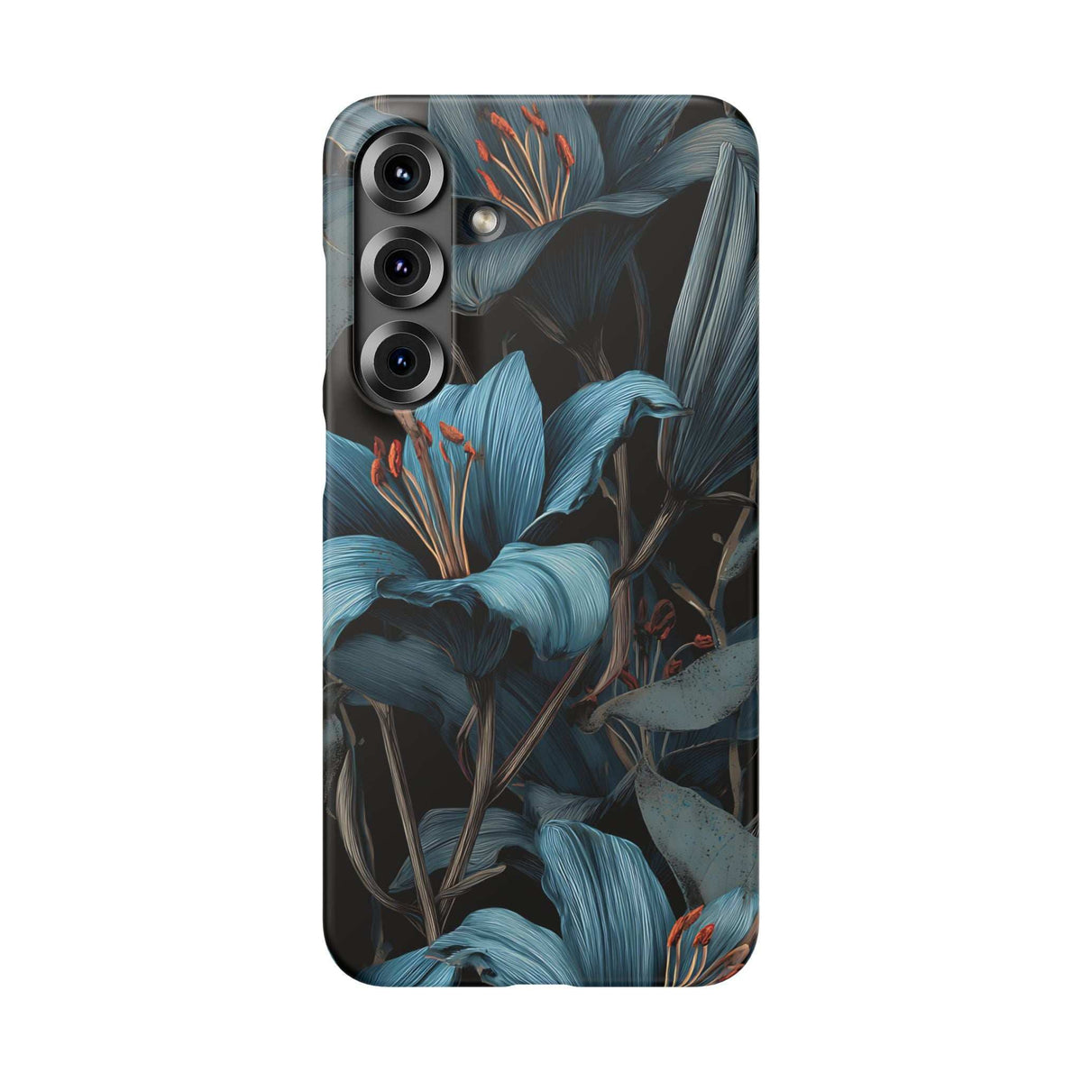 Phone case featuring blue botanical flowers on a dark background