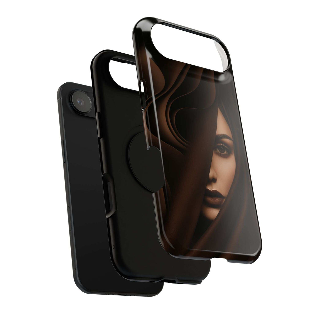 Phone case showing dark portrait artwork through opening, glossy, raised edge