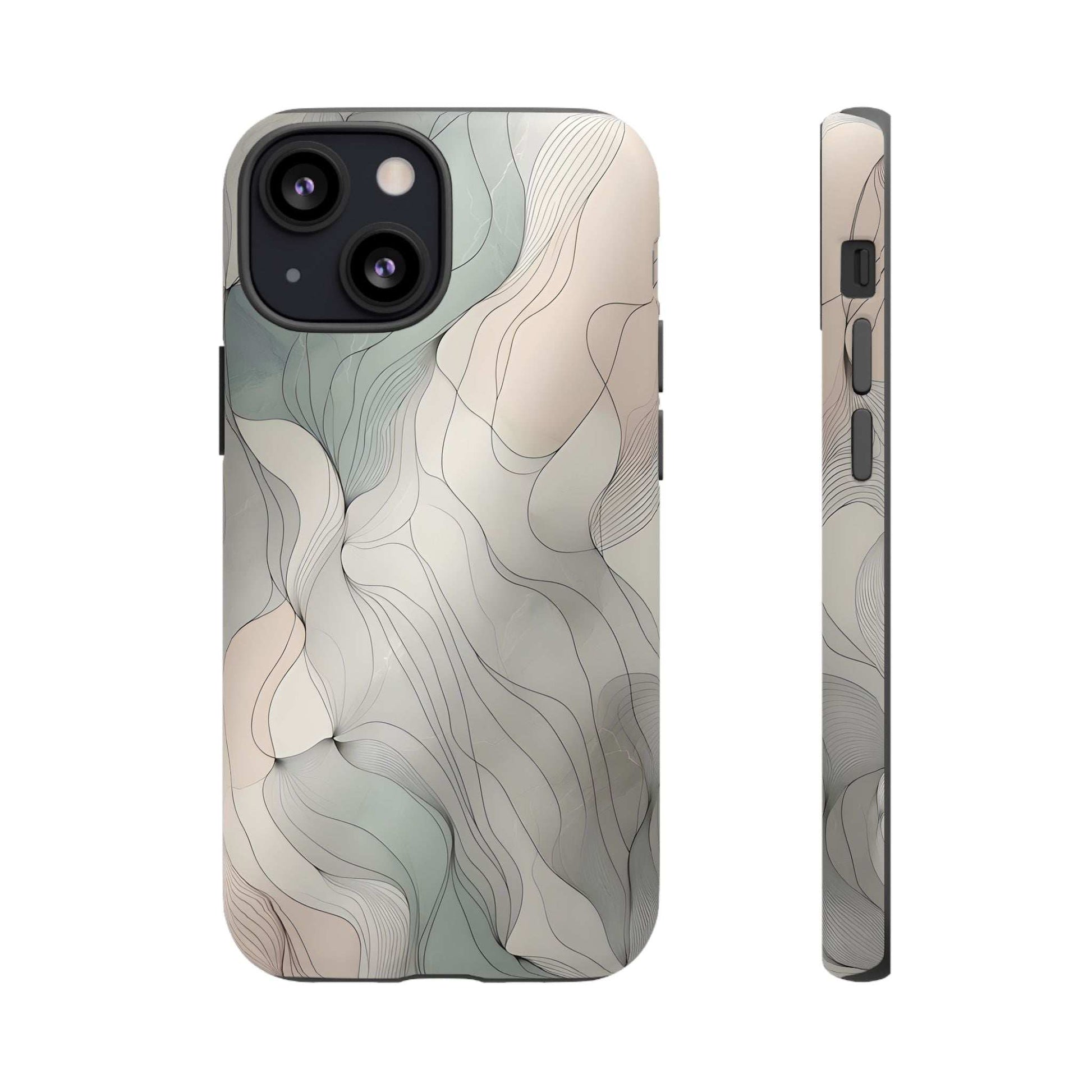 Pastel wave phone case, beige and light blue wavy lines; side profile with button cutouts