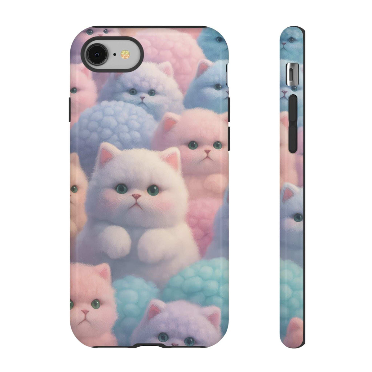 Glossy pastel kitten phone case with cat-face collage, front view and side profile
