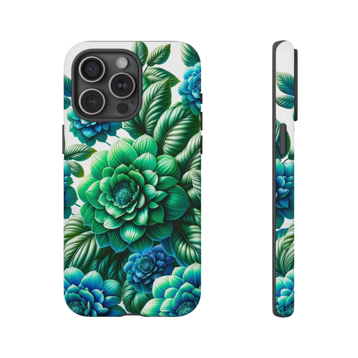 Green and blue floral phone case with leaf-and-blossom design; back camera openings