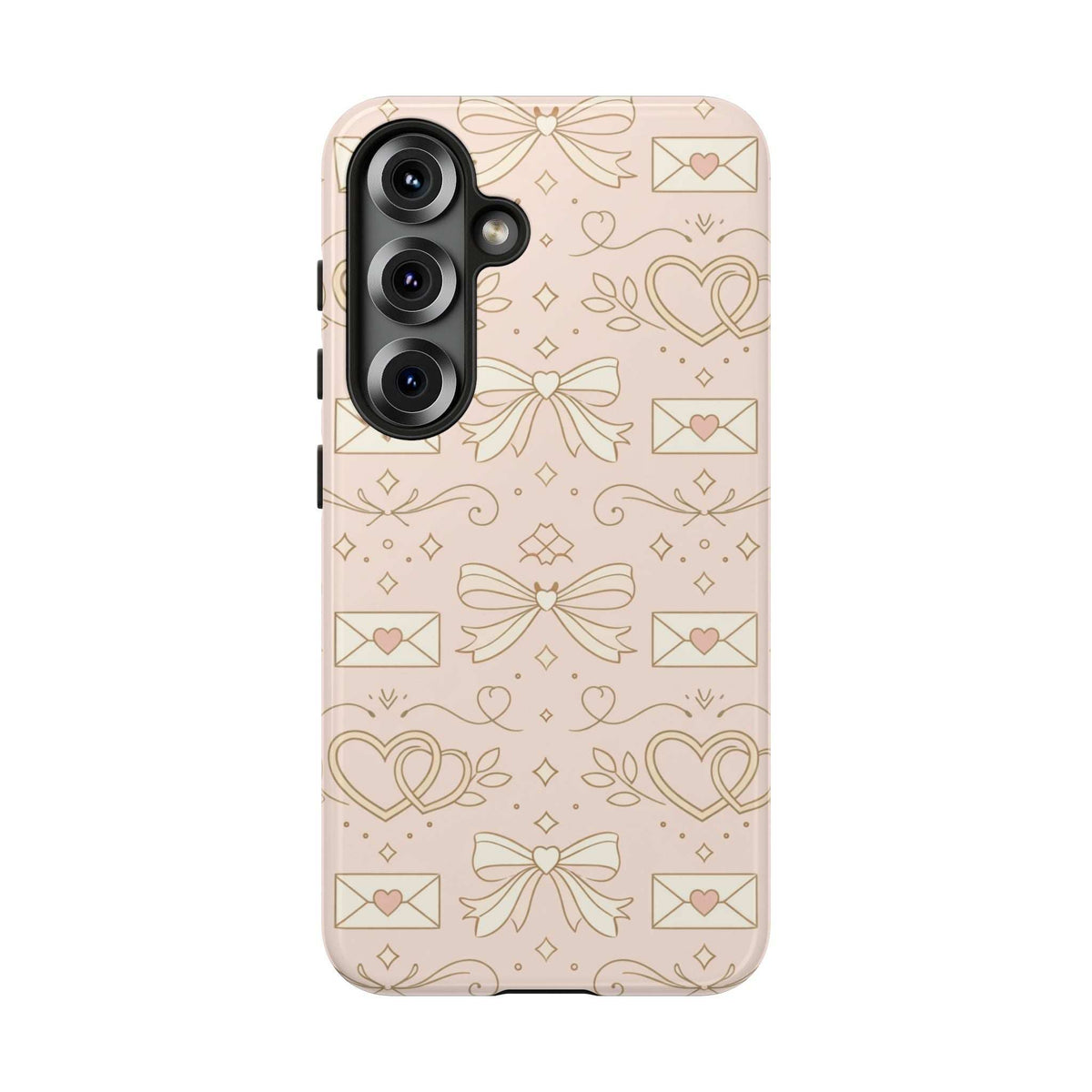 Light pink phone case with heart-and-bow doodle print; centered camera module cutout