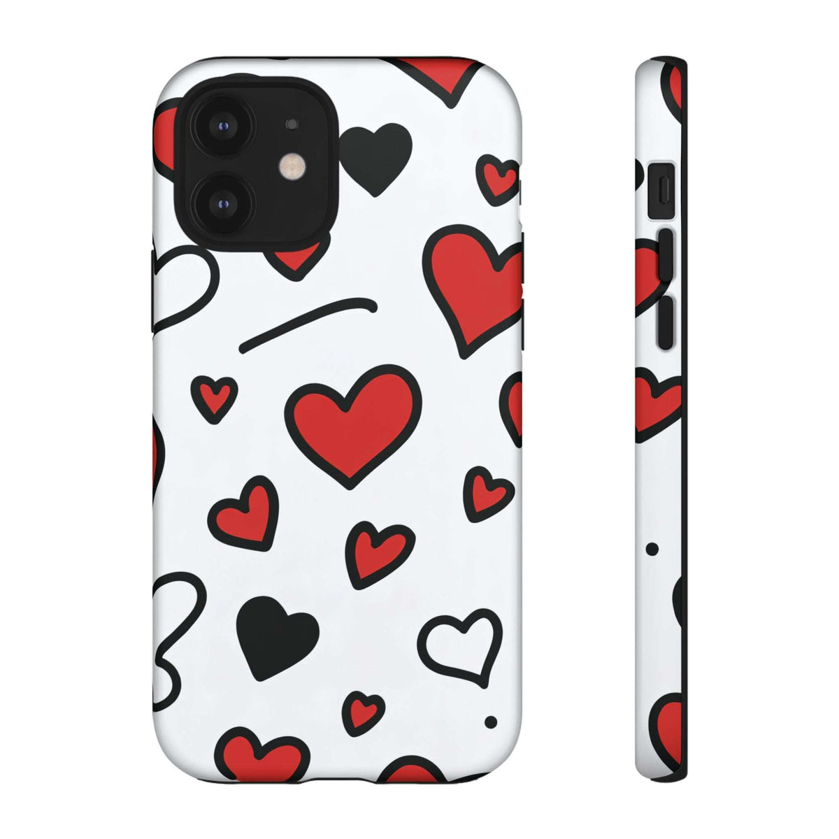 Phone case with scattered red and black hearts on white, with camera cutout.
