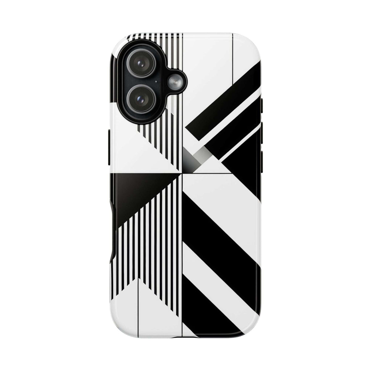 Tough phone case with black-and-white geometric pattern and camera lens openings.