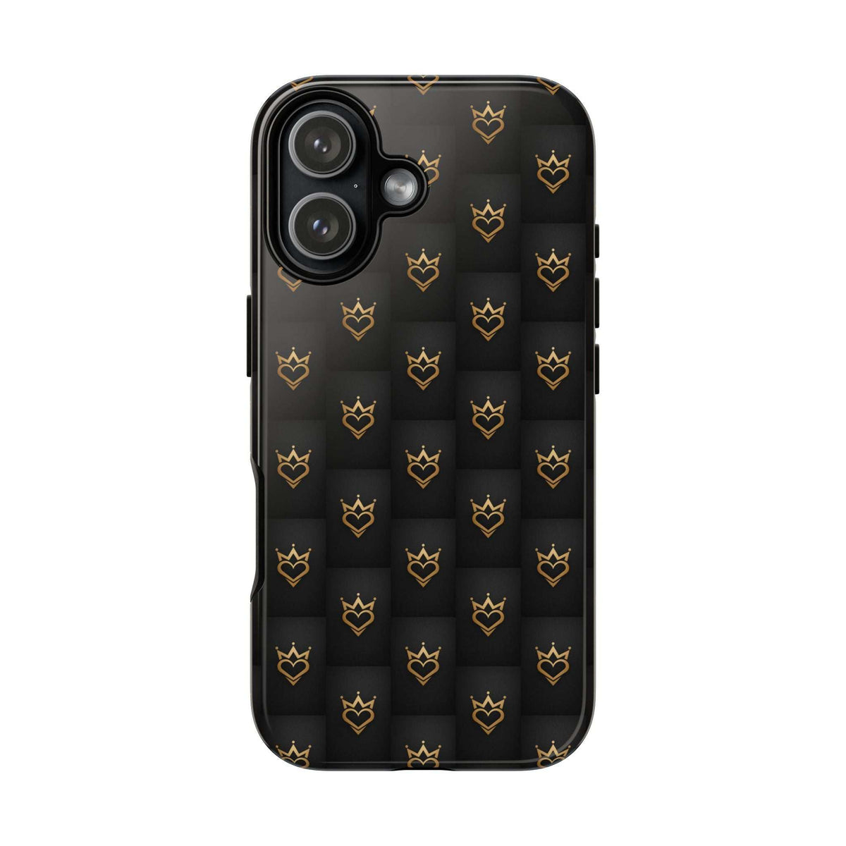 Glossy black phone case with gold crowned heart doodle pattern, dual camera module cutout.