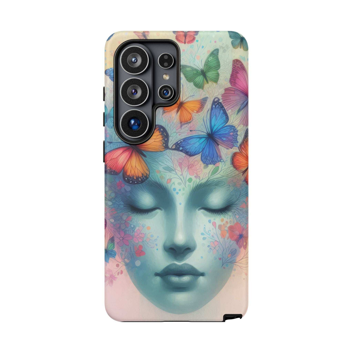 Phone case showing a blue face illustration with multicolor butterflies, snug fit with camera cutouts.