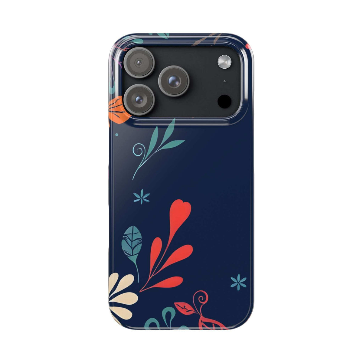 Dark navy floral phone case with red heart pattern and protective lens rim