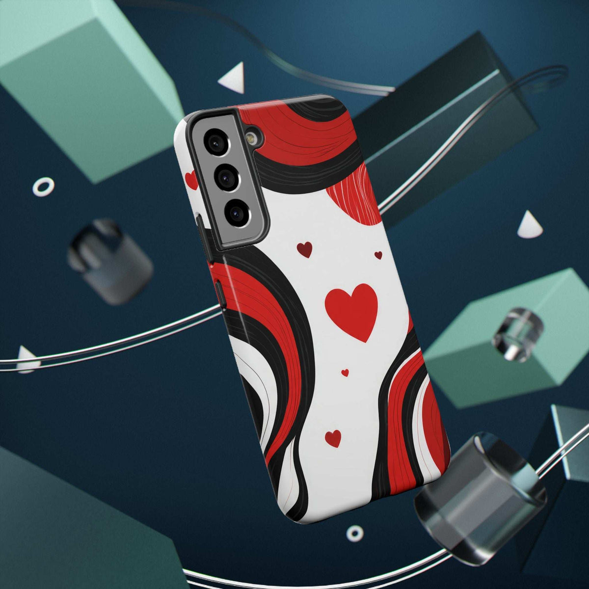 Tilted back view of red, black, and white swirl heart phone case with triple cameras
