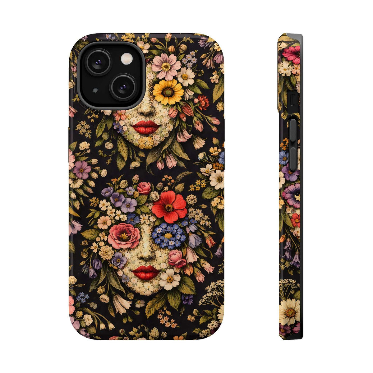 Floral face phone case, dark background, front view with lens cutouts