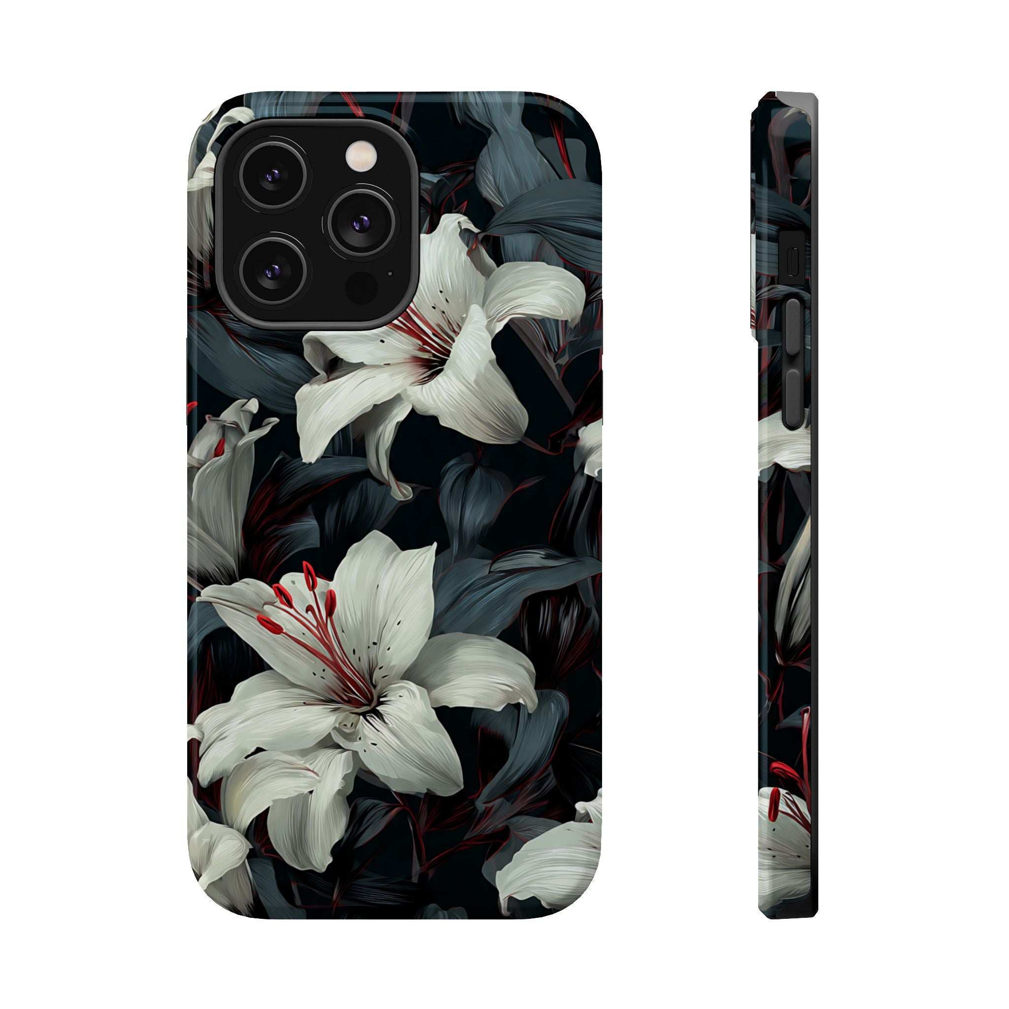 Back phone case with white lily flowers over dark leaves, four-camera cutout area