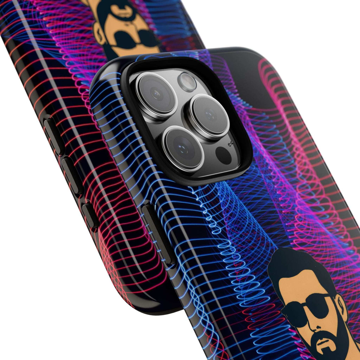 Glossy phone case with neon blue and pink wireframe pattern and bearded man graphic