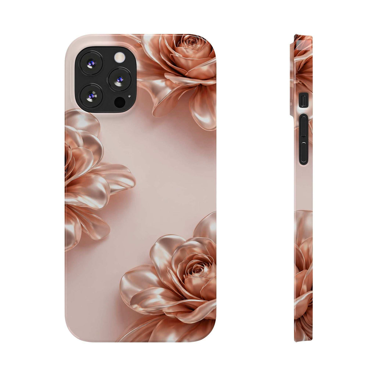 Blush pink phone case with metallic rose-flower pattern and camera cutout