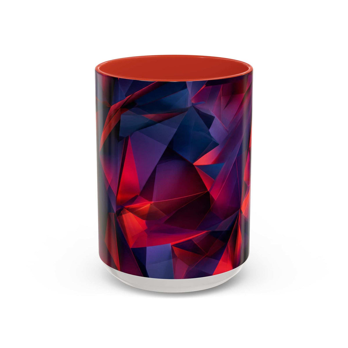 Ceramic mug with geometric red and navy abstract wrap; orange top and white base ring