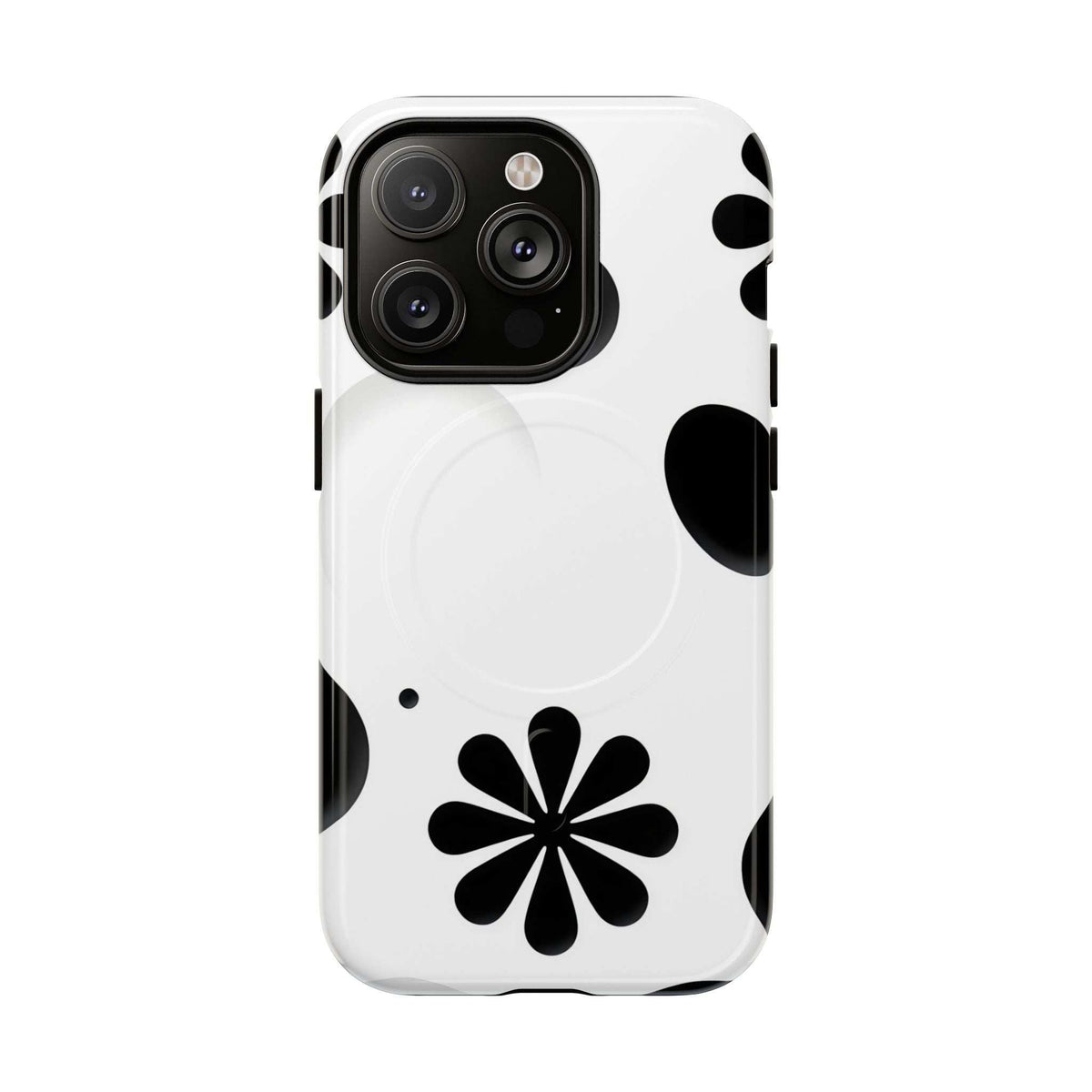 Phone case with white base, black daisy flower, and side magnetic circular accents