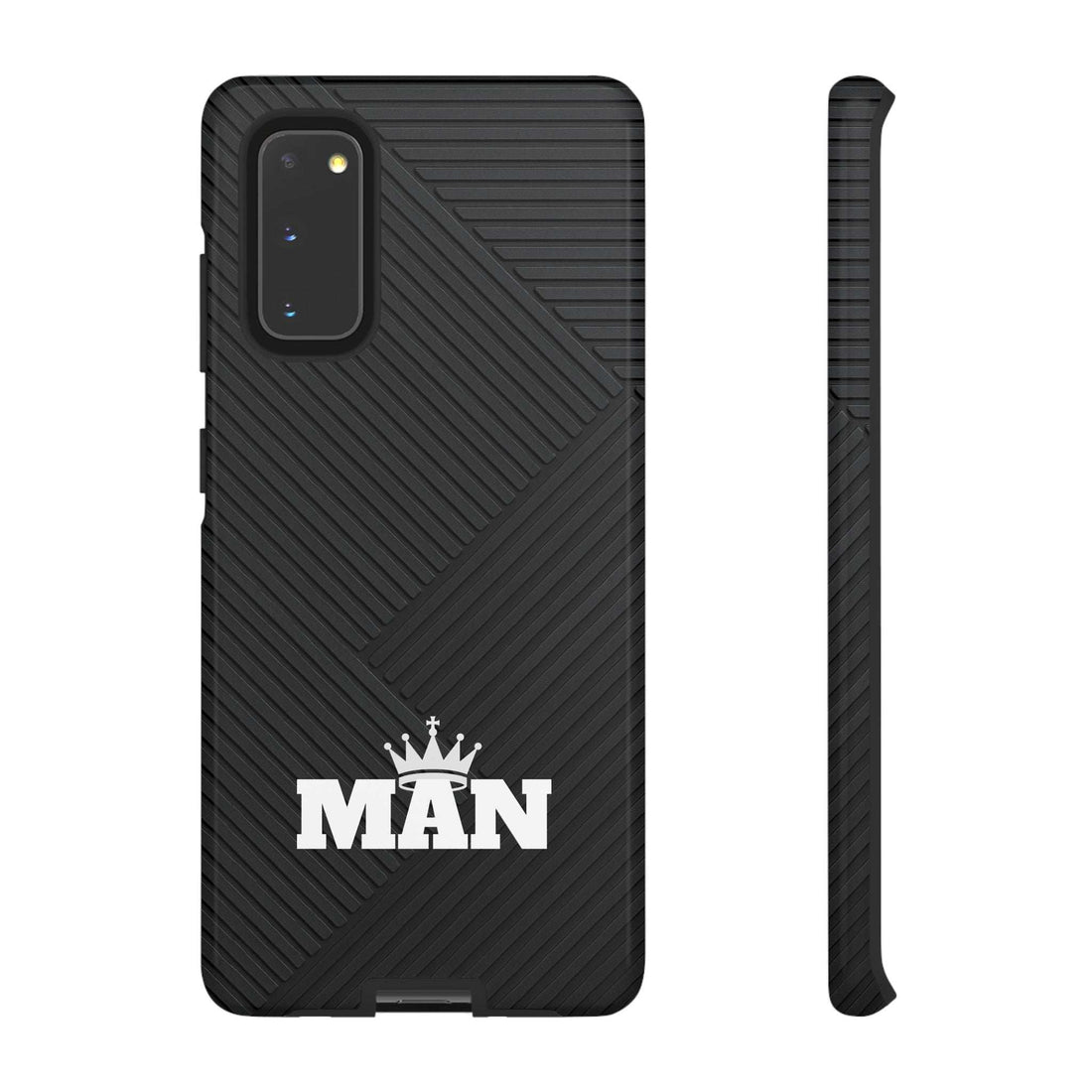 Black MAN logo phone case with textured diagonal ridges and camera cutouts