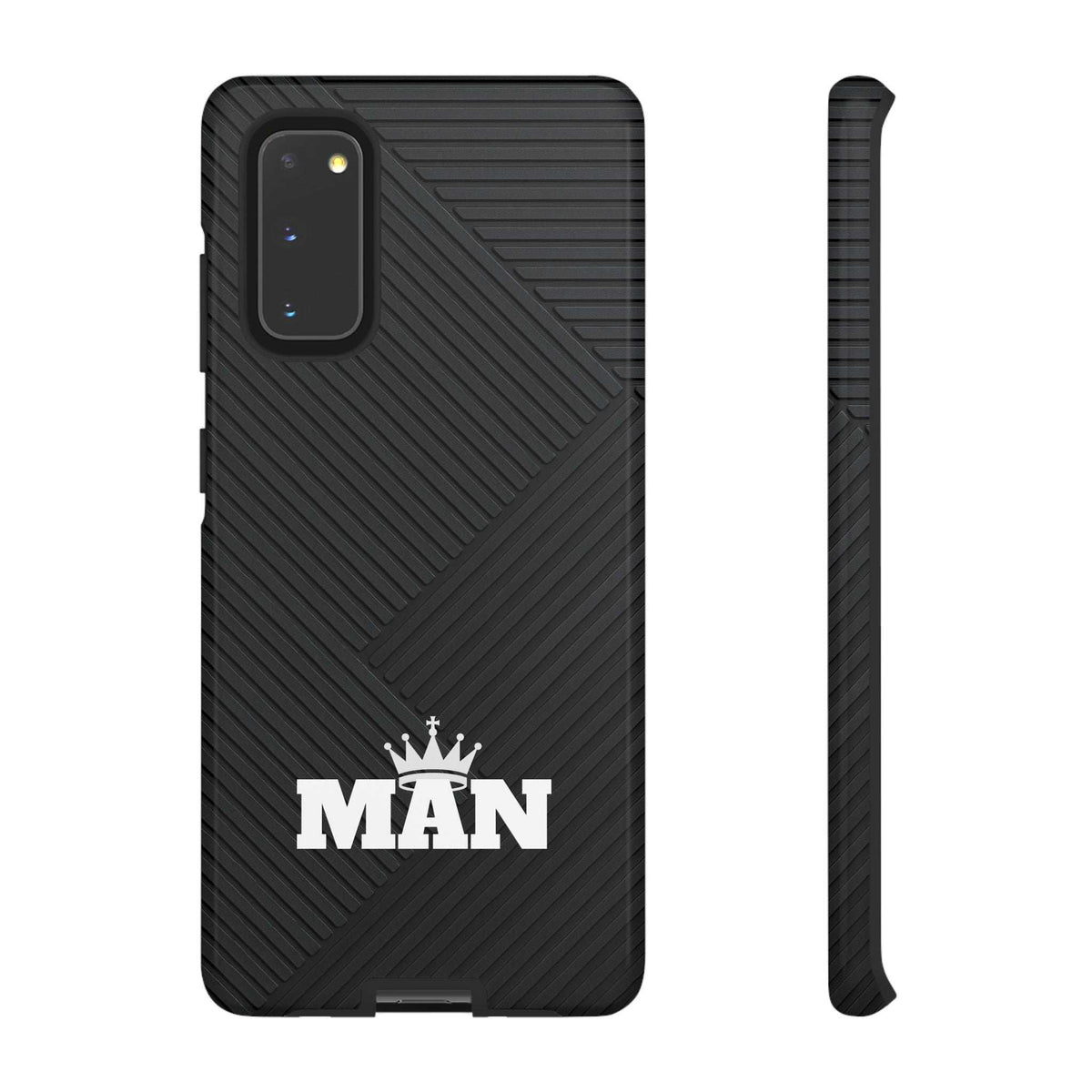 Black MAN logo phone case, textured pattern, with side profile view