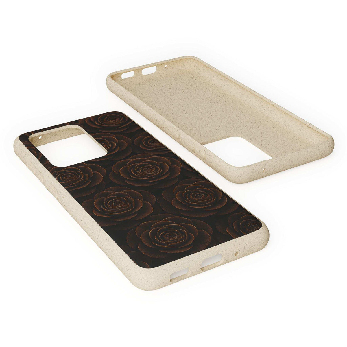 Wooden roses phone case with speckled beige frame, dark floral rose pattern on back