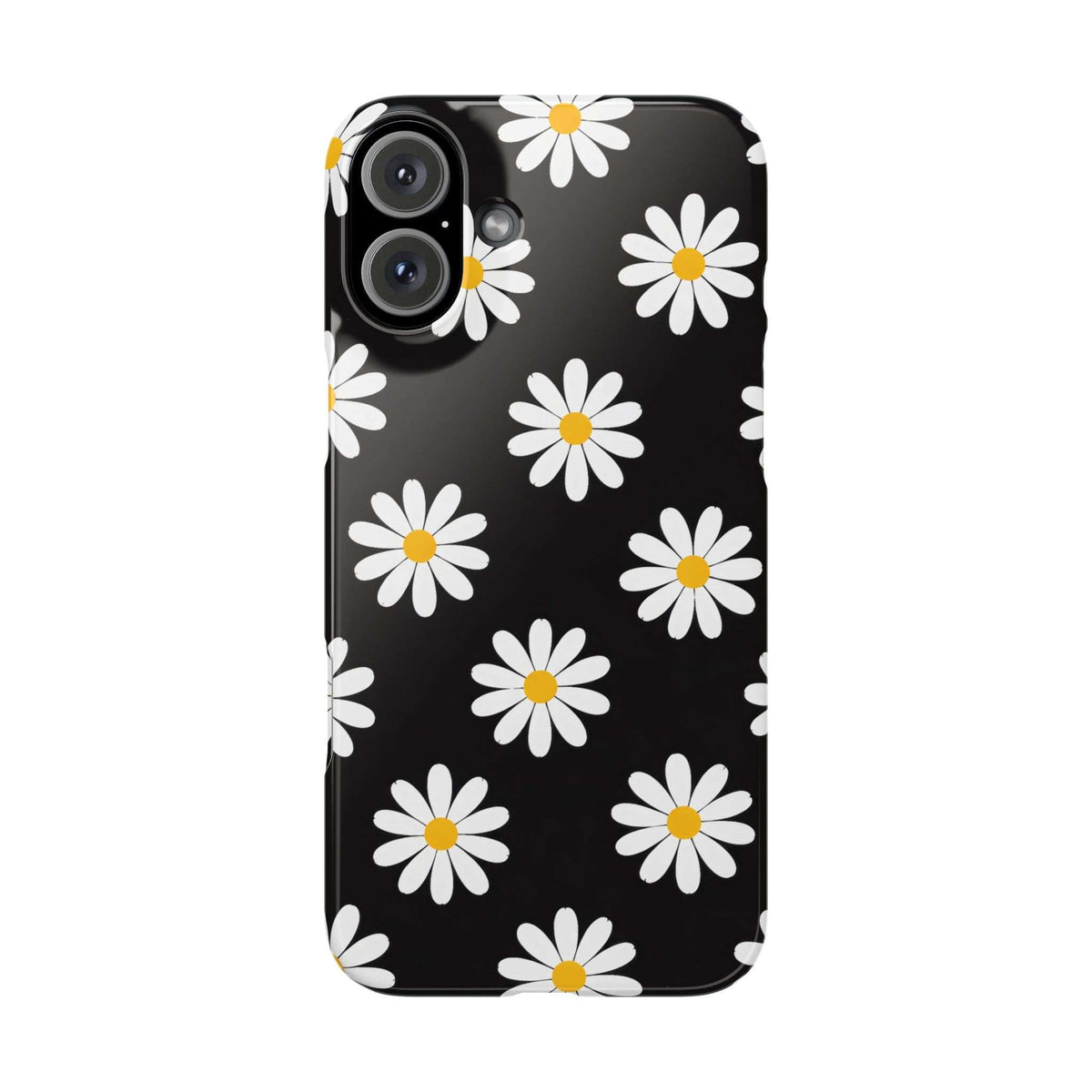 Black phone case with white daisies and yellow centers, front angle with camera lenses