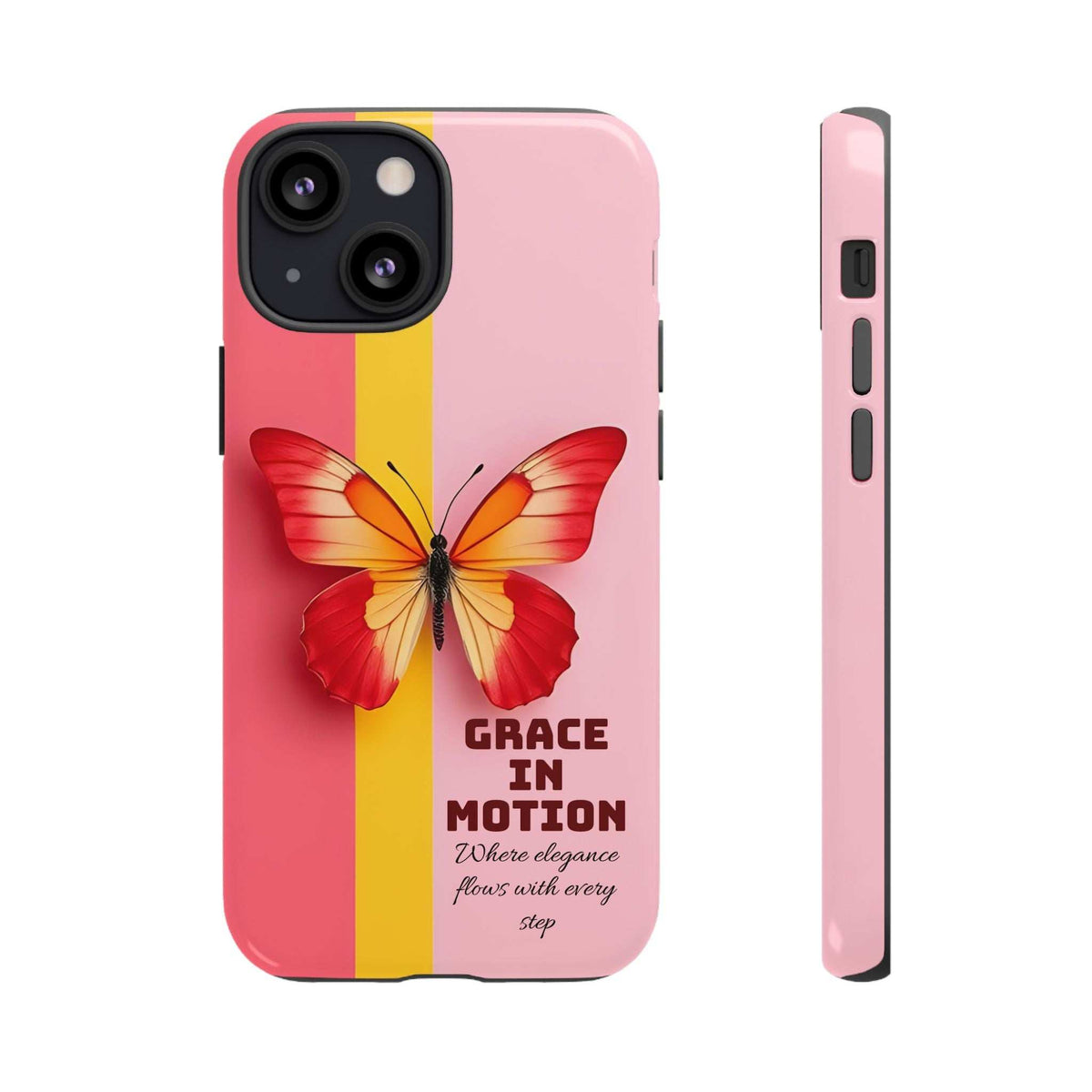 Tough phone case with butterfly illustration, pink and red panels, and yellow vertical stripe