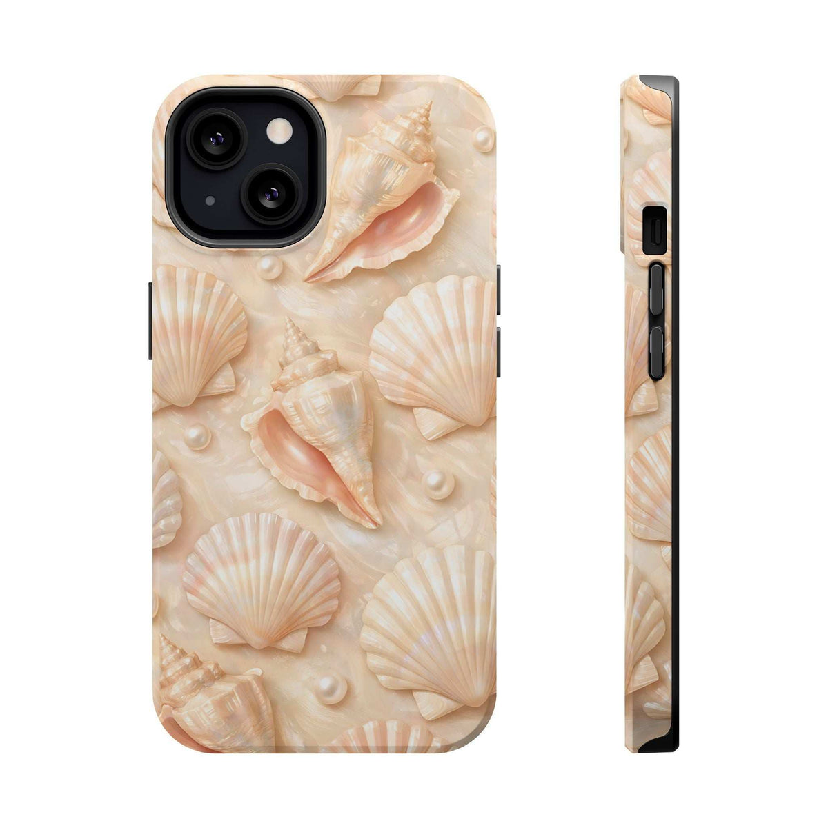 Seashell phone case with cream seashell and pearl pattern; camera cutout and side openings