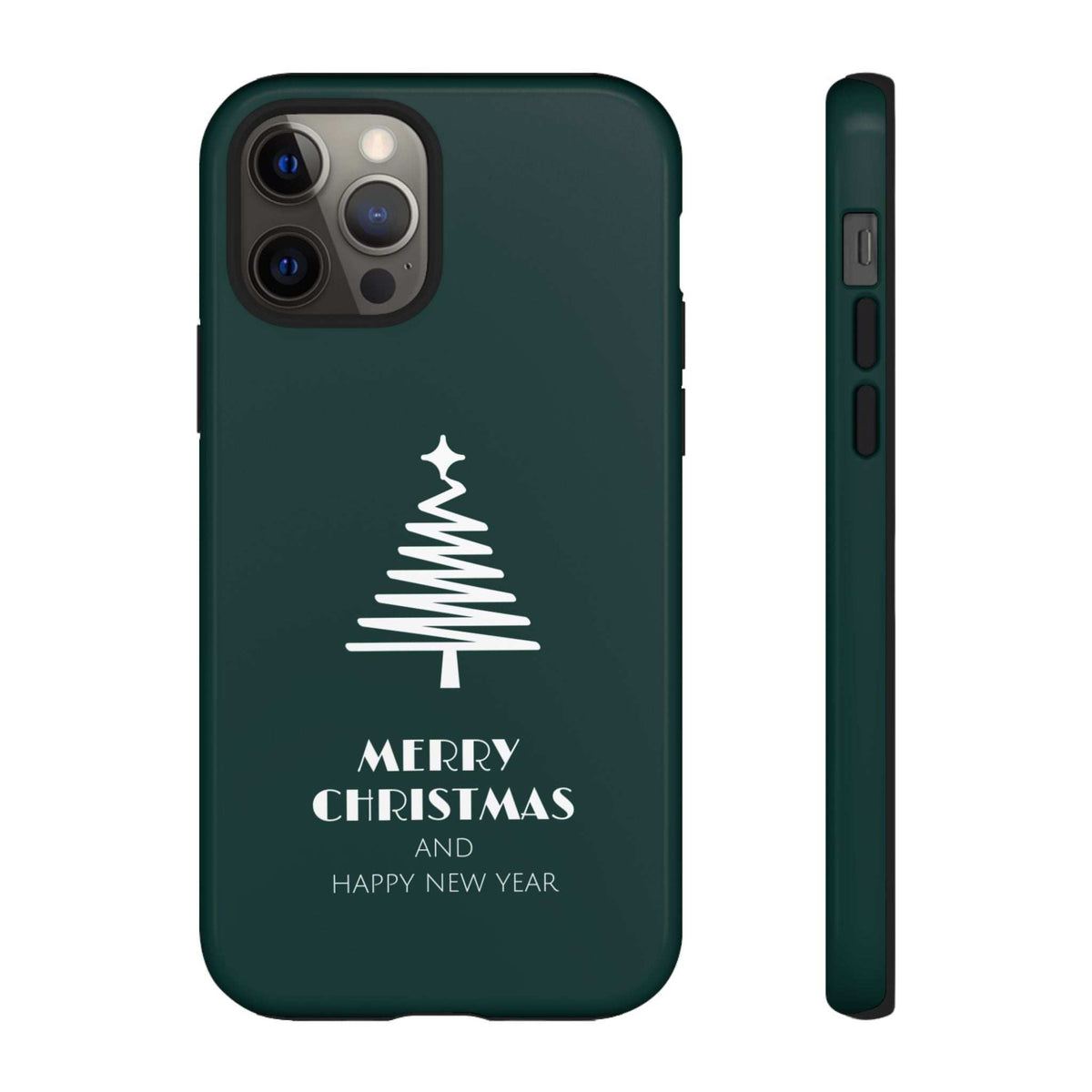Glossy green Christmas phone case back view with white tree and 'Merry Christmas' text, edge