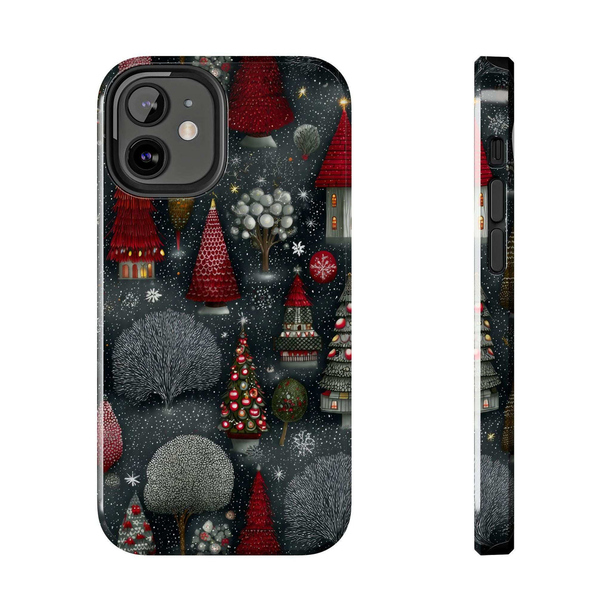 Winter forest themed phone case with frosted fir trees; side profile view