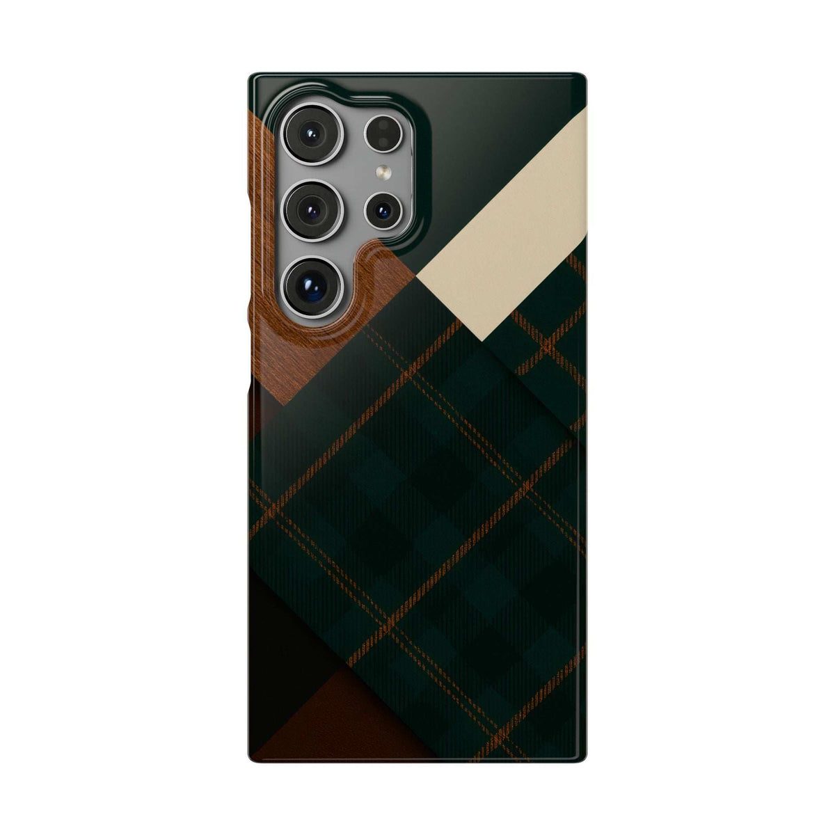 Green plaid phone case with tan diagonal stripe and brown patch, four-lens camera cutout