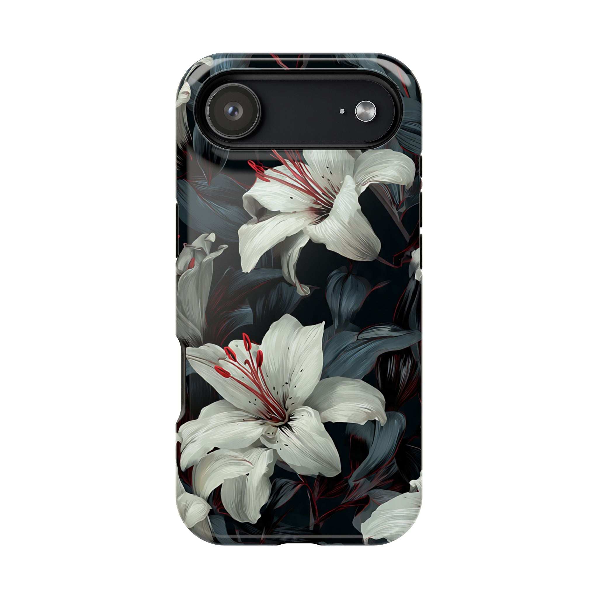 iPhone 13-17 floral phone case, white lilies with red speckles on dark leaves, black lens panel