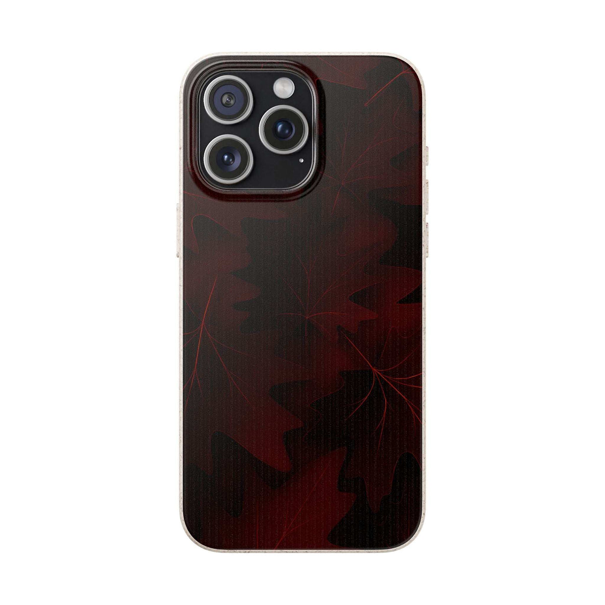 Dark red phone case with autumn leaf pattern, triple-camera cutout on back
