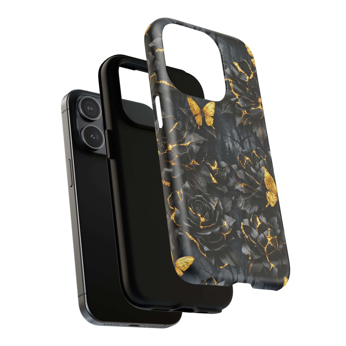 Black iPhone case with gold floral rose and butterfly artwork, kintsugi crack lines; slim fit.
