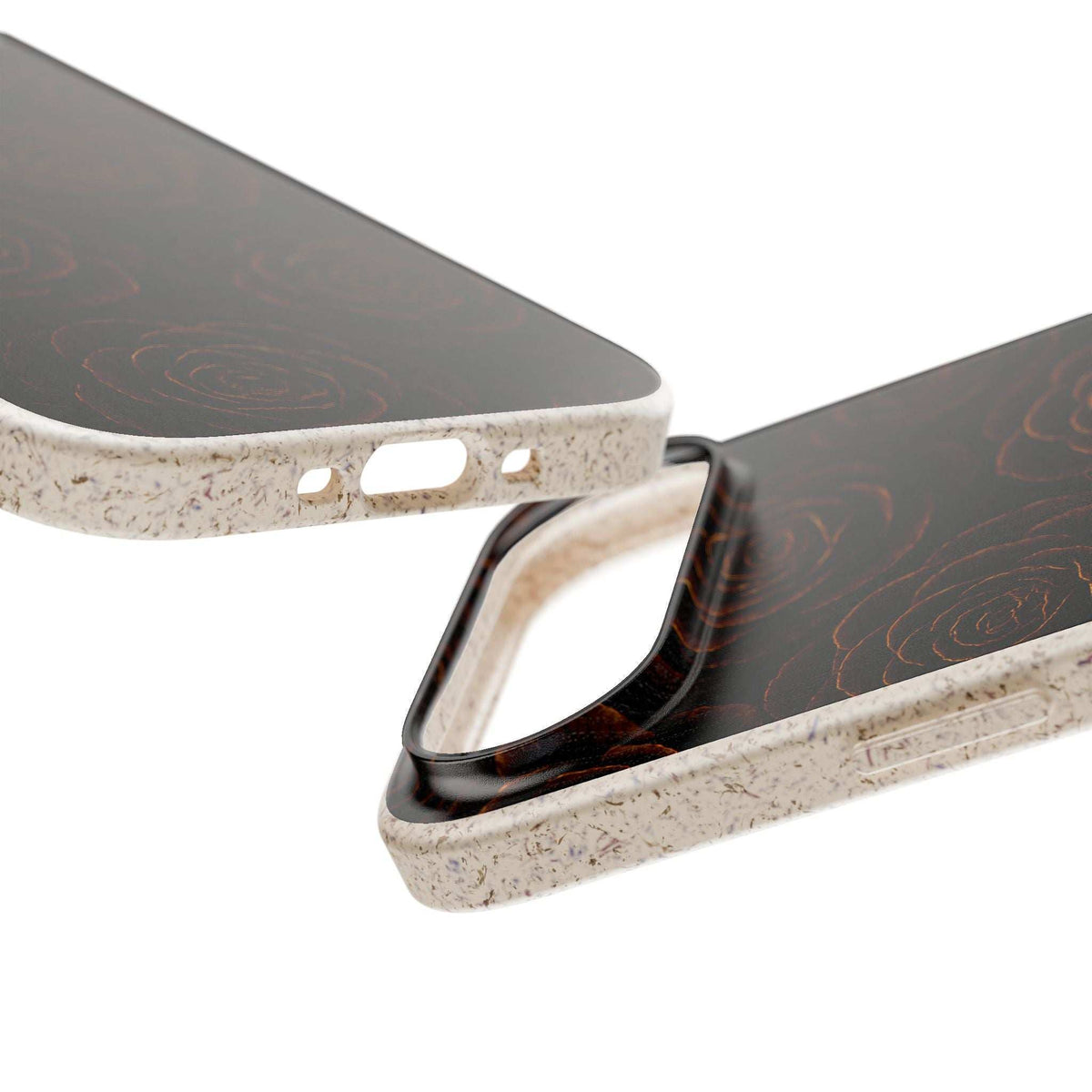 Rose phone case with speckled bumper, showing edge port opening