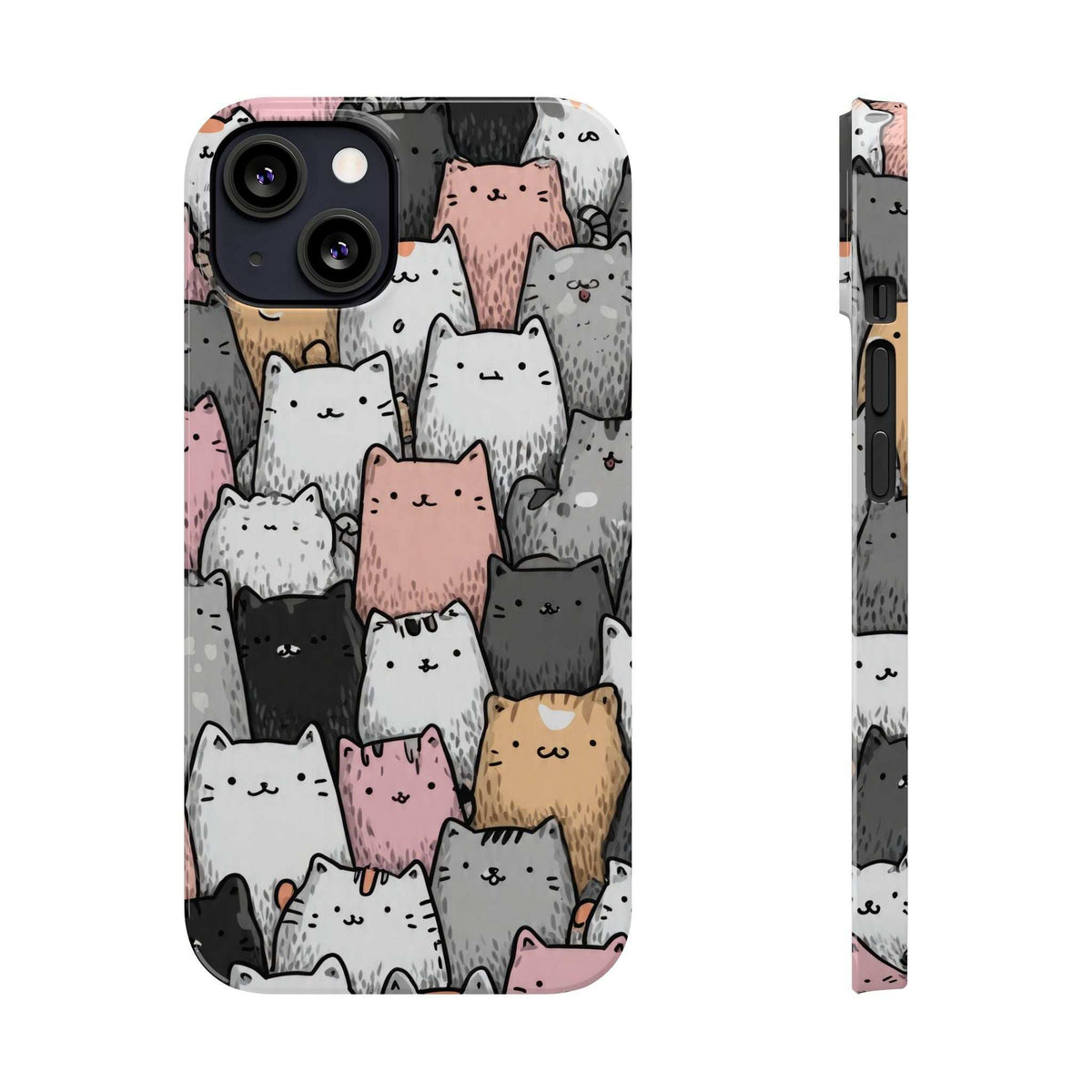 Cat carnival phone case front with camera cutouts and side profile, decorated with cat faces.