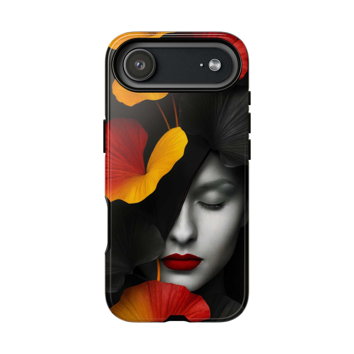 Glossy black phone case with floral face artwork and camera cutout for iPhone and Galaxy
