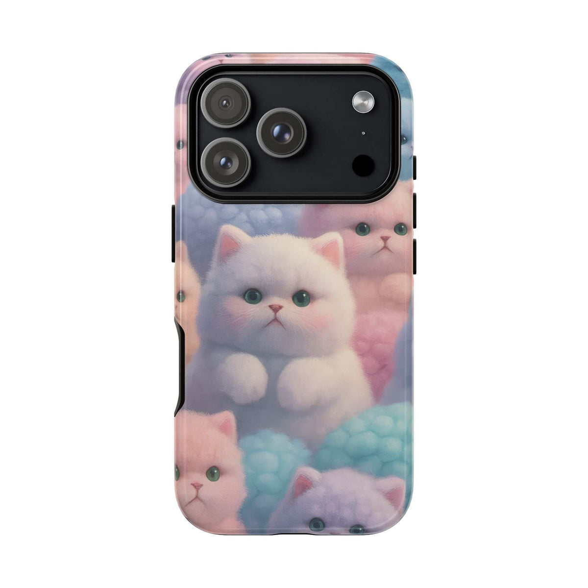 Glossy pastel kitten phone case featuring cat faces with rear camera lens openings