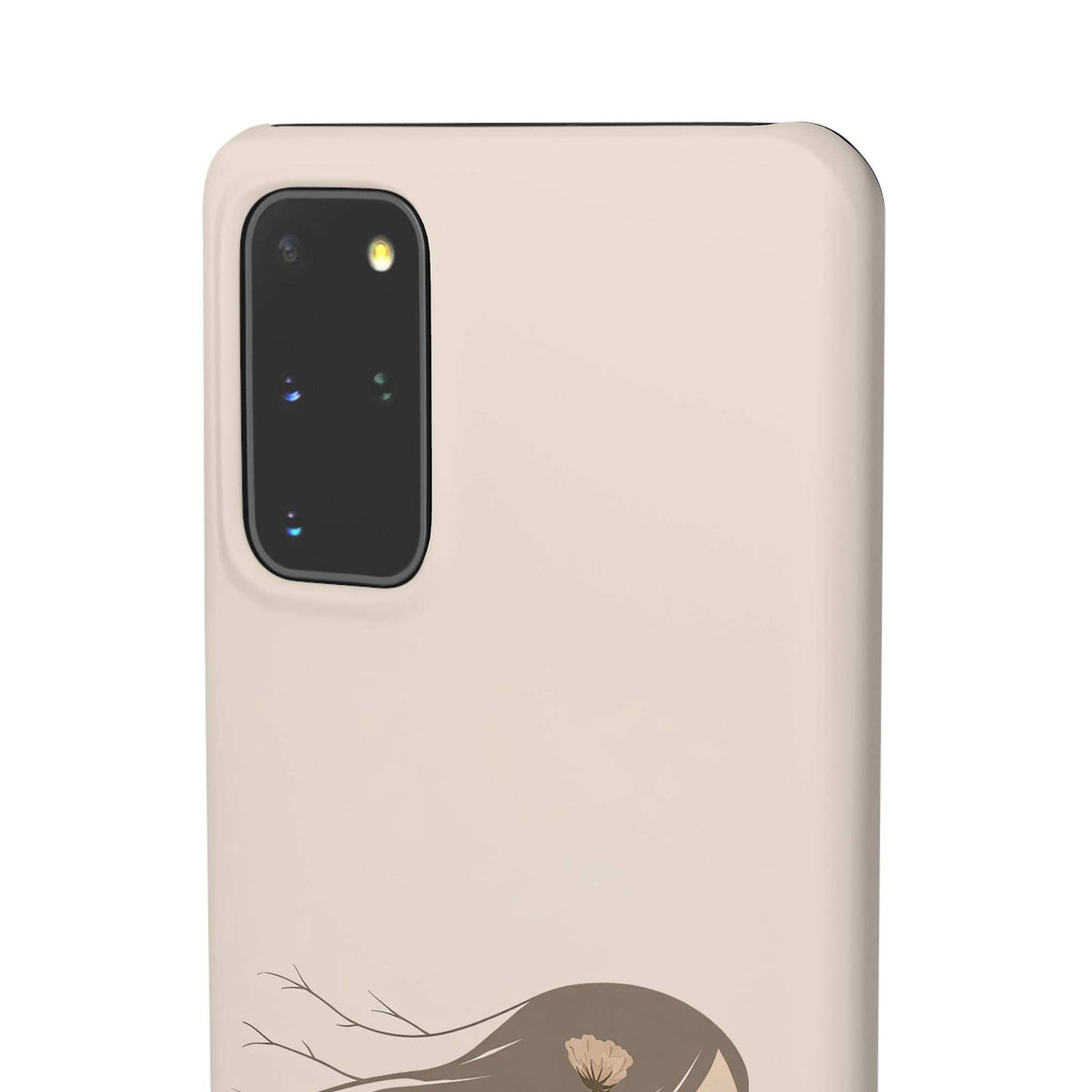 Light beige phone case with camera window and floral branch graphic on back